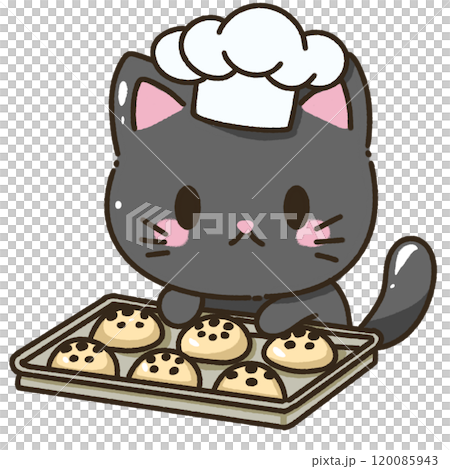 A black cat wearing chef hat baking cookies Christmas Hand drawn doodle illustration kawaii cute cat. Pet cartoon character. Kitten Collection of design elements invitation greeting card 120085943