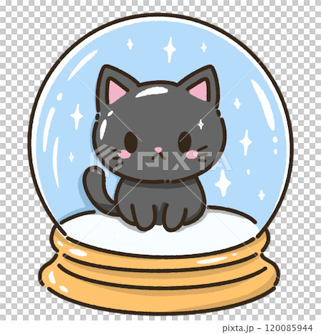 a black cat inside a snow globe Christmas Hand drawn doodle illustration kawaii cute cat. Pet cartoon character. Kitten Collection of design elements invitation greeting card 120085944