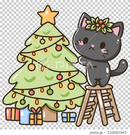 A black cat is decorating a christmas tree Christmas Hand drawn doodle illustration kawaii cute cat. Pet cartoon character. Kitten Collection of design elements invitation greeting card A black cat is decorating a christmas tree Christmas Hand drawn doodle illustration kawaii cute cat. Pet cartoon character. Kitten Collection of design elements invitation greeting card 120085945