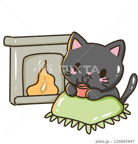 A black cat is sitting cozy next to a fire place Christmas Hand drawn doodle illustration kawaii cute cat. Pet cartoon character. Kitten Collection of design elements invitation greeting card 120085947