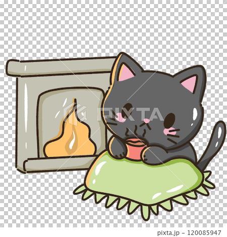 A black cat is sitting cozy next to a fire place Christmas Hand drawn doodle illustration kawaii cute cat. Pet cartoon character. Kitten Collection of design elements invitation greeting card A black cat is sitting cozy next to a fire place Christmas Hand drawn doodle illustration kawaii cute cat. Pet cartoon character. Kitten Collection of design elements invitation greeting card 120085947