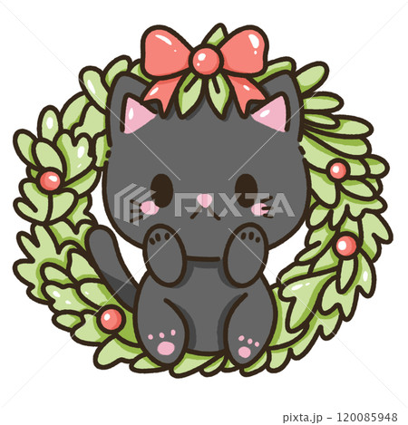 A black cat with a christmas wreath Christmas Hand drawn doodle illustration kawaii cute cat. Pet cartoon character. Kitten Collection of design elements invitation greeting card A black cat with a christmas wreath Christmas Hand drawn doodle illustration kawaii cute cat. Pet cartoon character. Kitten Collection of design elements invitation greeting card 120085948