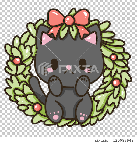 A black cat with a christmas wreath Christmas Hand drawn doodle illustration kawaii cute cat. Pet cartoon character. Kitten Collection of design elements invitation greeting card A black cat with a christmas wreath Christmas Hand drawn doodle illustration kawaii cute cat. Pet cartoon character. Kitten Collection of design elements invitation greeting card 120085948