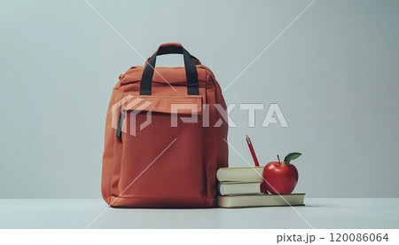 Isolated White Background: School Backpack Containing Stationery, Apple, And Books - Perfect For Back-To-School Essentials 120086064