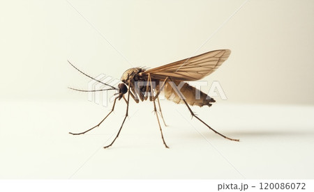 Close-Up View Of Deadly Mosquito On White Background, Known Carrier Of Malaria, Encephalitis, And Dengue. Captured In Detailed Macro Shot. 120086072
