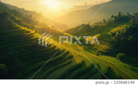 Magnificent Aerial View Of The Stunning Terraced Rice Fields At Pa Bong Piang, Mae Chaem, Chiang Mai, Thailand During Sunset時間. 120086149