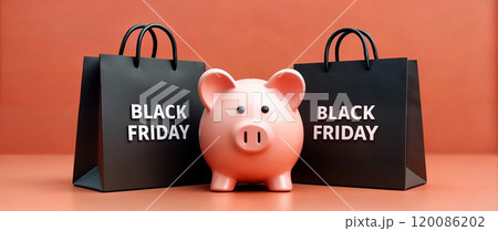 Black Friday savings with a piggy bank and shopping bags on a pastel background Black Friday savings with a piggy bank and shopping bags on a pastel background 120086202