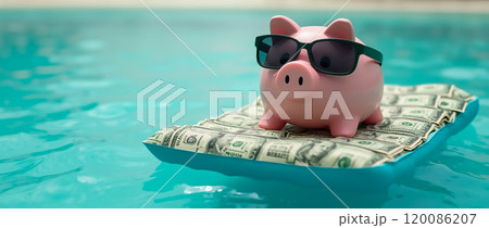A cheerful piggy bank wearing sunglasses relaxing on a dollar-bill float in a tranquil pool during a sunny day 120086207
