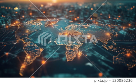 Import-Export World Map: Enhancing Global Network Coverage With Logistics Partnerships At Busiest Container Ports, Featuring Container Ships Loading And Unloading Operations. 120086236