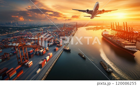 Cargo Plane Flying Above Ship Port, Covering World Map Of Import-Export: Network Logistics Partnership Connection At Busiest Container Ports With Ships Loading And Unloading In Background. 120086255
