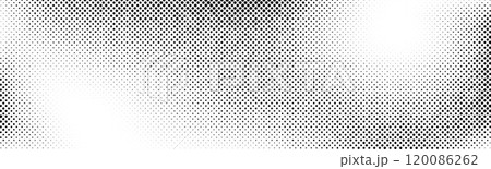 Grunge halftone background. Faded grit noise gradient texture. White and black sand wallpaper. Wide long retro pixelated backdrop. Anime or manga comic style overlay. Halftone gritty print. Vector 120086262