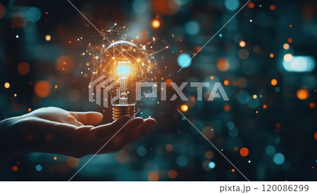Businessman Holding Creative Light Bulb With Industry Network Icons For Planning Strategy And Innovative New Ideas In Modern Business Development. 120086299