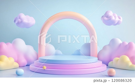 Pastel Color Background With Clouds And Weather On A 3d Product Podium, Featuring Empty Space For Kids Or Baby Products. Pastel Color Background With Clouds And Weather On A 3d Product Podium, Featuring Empty Space For Kids Or Baby Products. 120086320