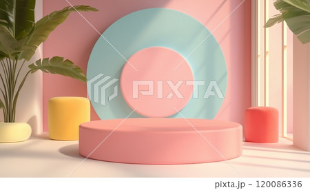 3d Rendering Of Podium And Abstract Geometric With Empty Space For Kids Or Baby Products, Vast Opportunities For Branding. 120086336