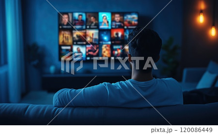 Relaxing At Home: Man Enjoying Evening Tv With Multimedia Streaming Concept From Vod Content Provider Shows And Series On Internet Streaming Video Service. 120086449