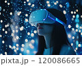 Woman using virtual reality goggles. Futuristic lifestyle. Metaverse technology concept. 120086665
