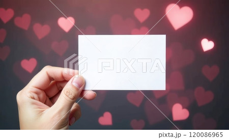 A hand holds a blank white card in front of a blurred background with red heart shapes. Concept of love and romance. Valentine's day background A hand holds a blank white card in front of a blurred background with red heart shapes. Concept of love and romance. Valentine's day background 120086965
