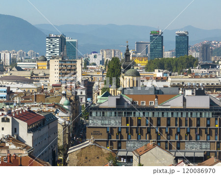 Aerial drone view of city of Sarajevo. Capital of Bosnia and Herzegovina. Buildings and streets, view from above. Aerial drone view of city of Sarajevo. Capital of Bosnia and Herzegovina. Buildings and streets, view from above. 120086970