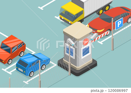 3D Isometric Flat Vector Illustration of Paid Guarded Parking, Parking Zone with Payment System 3D Isometric Flat Vector Illustration of Paid Guarded Parking, Parking Zone with Payment System 120086997