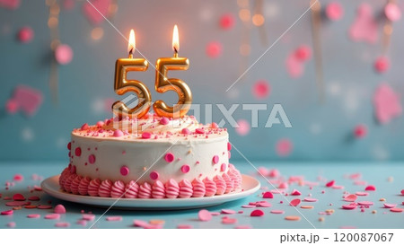 A white birthday cake with lit golden candles that reads 55, decorated with pink frosting and sprinkles, surrounded by confetti. Concept of a 55th birthday celebration. A white birthday cake with lit golden candles that reads 55, decorated with pink frosting and sprinkles, surrounded by confetti. Concept of a 55th birthday celebration. 120087067