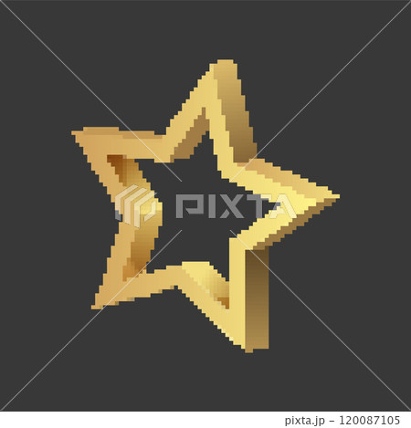 Pixelated golden star icon with a 3D design. Retro pixel art of a hollow star on a dark background. 120087105