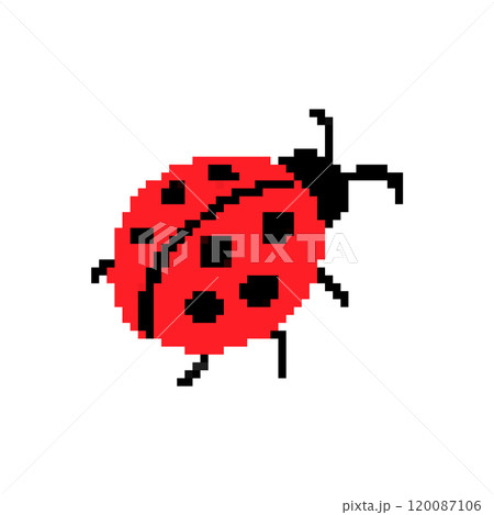 Pixelated ladybug. Simple pixel art red ladybug with black spots and antennae. 120087106