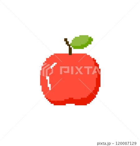 Pixelated apple icon with a green leaf. Retro pixel art of a red apple with a simple design. 120087129