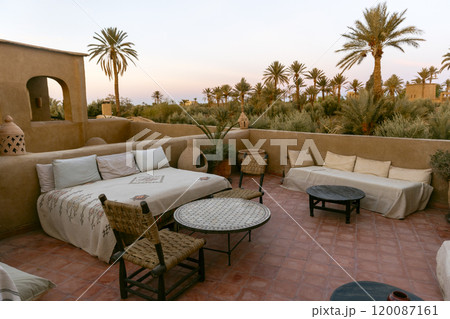 General view of the terrace of a rihab at sunrise in the Sahara, Merzouga. General view of the terrace of a rihab at sunrise in the Sahara, Merzouga. 120087161