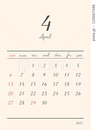2025年_4月_おしゃれカレンダー_タテ 2025年_4月_おしゃれカレンダー_タテ 120087486