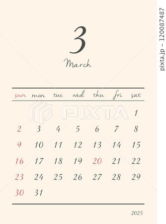 2025年_3月_おしゃれカレンダー_タテ 2025年_3月_おしゃれカレンダー_タテ 120087487