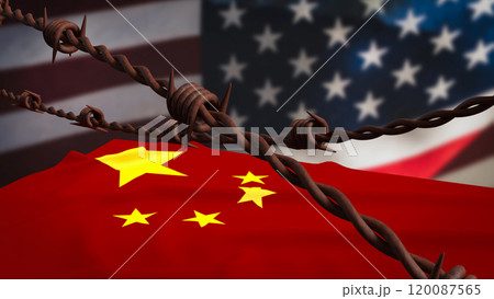 The rusty barbed wire and usa and china flag Background for Business concept 3d rendering. The rusty barbed wire and usa and china flag Background for Business concept 3d rendering. 120087565