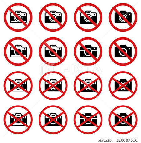 様々な形の写真や動画の撮影禁止案内アイコンのベクターイラストセット 120087616