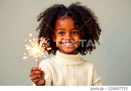 Curly Girl Smiling and holding burning Sparkler Blast on light background. Portrait of Happy Girl with curly hair in a white sweater, festive atmosphere Curly Girl Smiling and holding burning Sparkler Blast on light background. Portrait of Happy Girl with curly hair in a white sweater, festive atmosphere 120087752