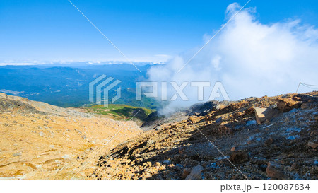 秋の御嶽山登山:登山道から中央アルプス・八ヶ岳方面の眺め 秋の御嶽山登山:登山道から中央アルプス・八ヶ岳方面の眺め 120087834