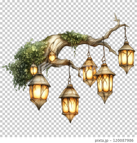 A Set of Glowing Elven Lanterns Hanging from Tree Branches 120087986