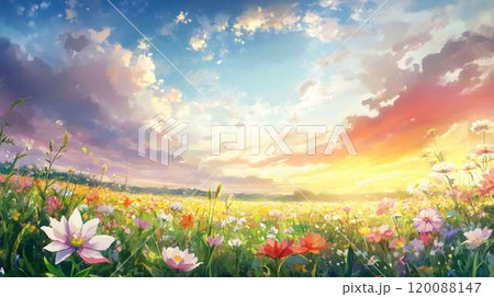 夕焼けに染まる美しい花畑と広がる空の風景のイラスト素材 夕焼けに染まる美しい花畑と広がる空の風景のイラスト素材