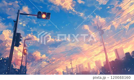 夕焼け空の大都市交差点と色鮮やかな雲が広がる風景 120088160