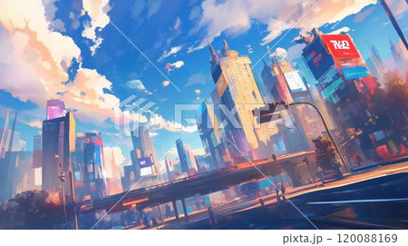 近未来の大都市の高層ビル群と青空に広がる雲の風景のイラスト素材