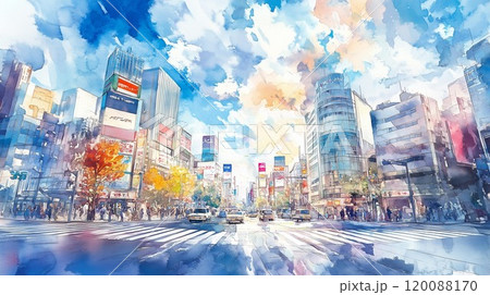 秋の彩りと賑わいが広がる大都市の交差点風景のイラスト素材