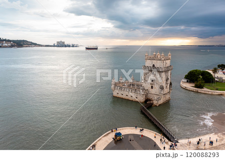 Aerial view Belem Tower on Tagus river in Lisbon 120088293