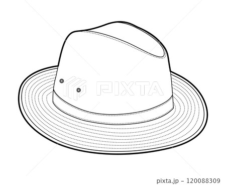 Safari Hat with band. Head Fashion accessory cap with wide brim with stitching clothing technical illustration. Vector 120088309