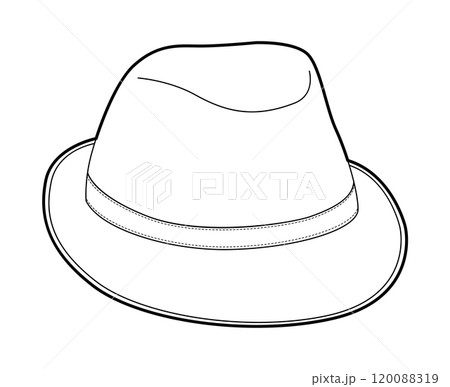 Fedora Hat with band. Head Fashion accessory cap with narrow brim clothing technical illustration. Vector headgear 120088319