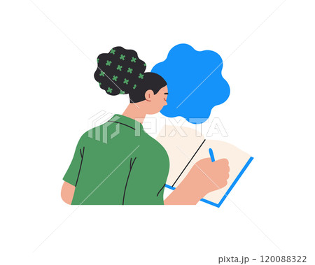 Writing people, modern flat vector concept illustration- sitting woman thoughtfully writing on notebook, bubble near head Metaphor for reflection, personal insight, contemplation, creative expression Writing people, modern flat vector concept illustration- sitting woman thoughtfully writing on notebook, bubble near head Metaphor for reflection, personal insight, contemplation, creative expression 120088322