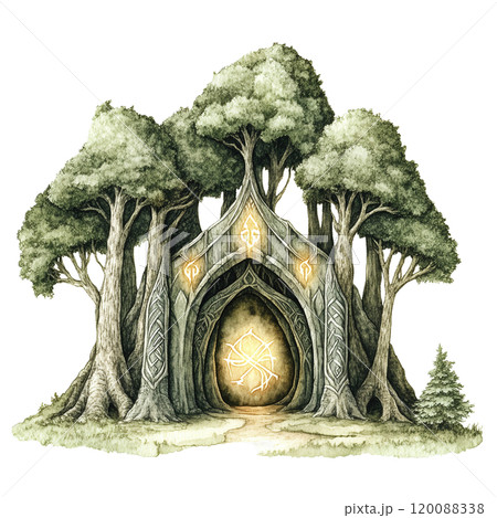 A Mystical Elven Forest Portal Surrounded by Ancient Trees Leading to a Magical World 120088338