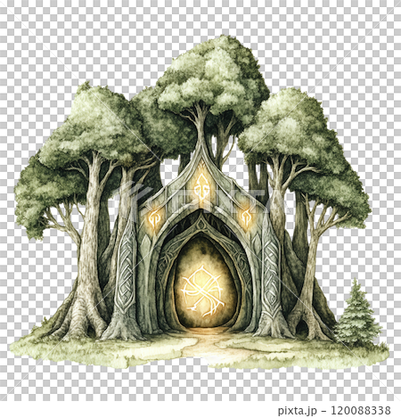 A Mystical Elven Forest Portal Surrounded by Ancient Trees Leading to a Magical World 120088338