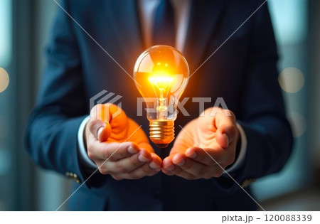 Close-up of a Hand holding a lit Light Bulb, with a blurry background of bokeh lights, representing innovation and creativity. Businessman in suit holding lamp 120088339