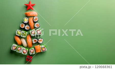 Creative sushi arranged in the shape of a Christmas tree on a vibrant green background for a festive culinary celebration 120088361