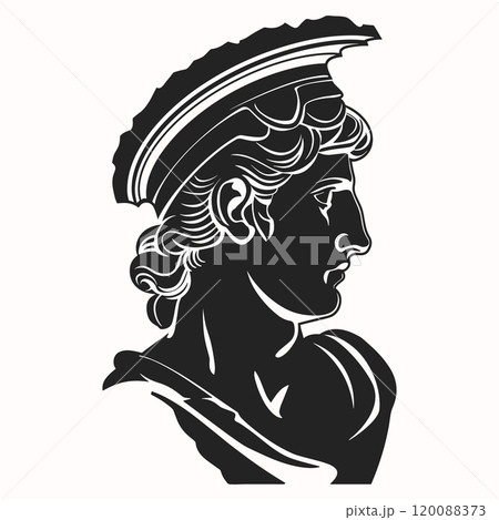 Spartan warrior head icon. Ancient roman or greek warrior head silhouette. Historic warrior portrait in Trojan helmet 120088373