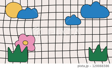 Y2K aesthetic background with linear grid and hand drawn cloud, sun and flowers. Minimalist trendy childish design 120088386