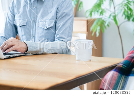リビングでパソコンを使う男性 120088553